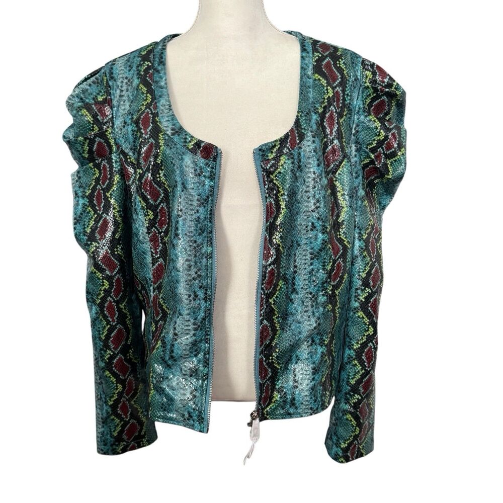 Azalea Wang Jacket Womens 1X Blue Multicolor Faux Leather Snake Print Malone